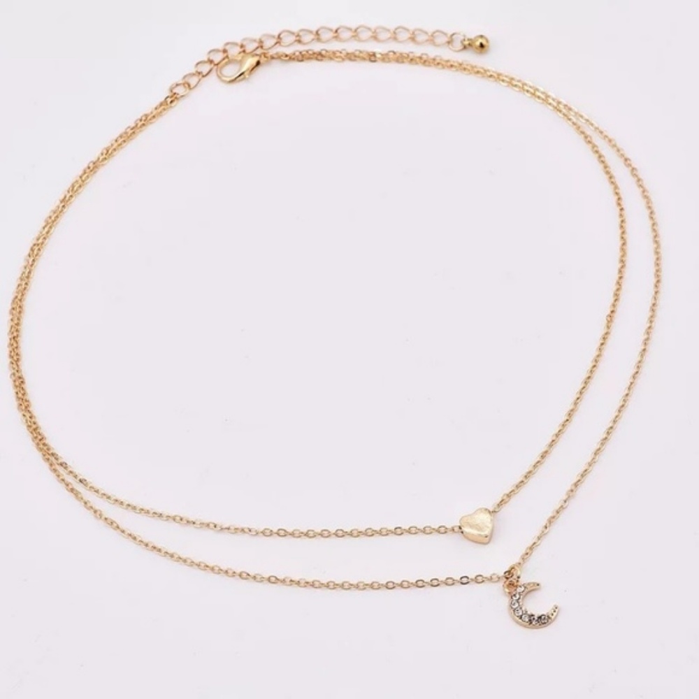 !5 for $25 Two Layer Heart and Moon Charm Necklace - Picture 3 of 7